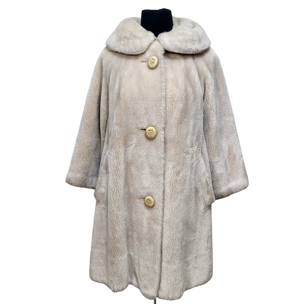 Vintage Borgana Sportowne Ivory Faux Fur Swing Coat Shawl‎ Collar Women's M